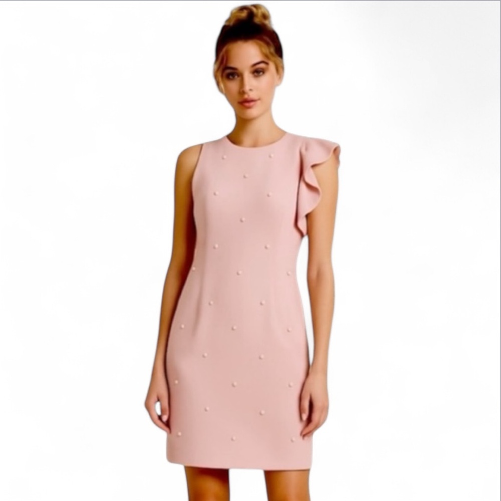 NWOT Lucy Paris Sheath Mini Dress Formal Blush Pink Ruffle Sleeve Faux Pearls S